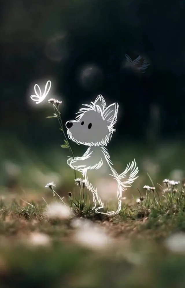 Photo of a small dog holding a flower before AI sketch conversion